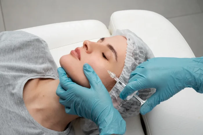 A person lying on a white medical chair receives a cosmetic facial injection from someone wearing blue gloves. The patient wears a gray shirt and a disposable cap, with eyes closed during the procedure.