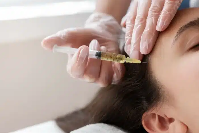 A person receives an injection in the scalp near the forehead. A gloved hand holds the syringe while another hand gently holds the person's head, suggesting a medical or cosmetic procedure.