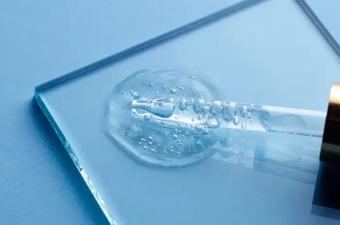 A close-up of a clear serum with bubbles, dispensed from a glass dropper onto a transparent glass sheet against a light blue background, illustrating how to dilute Liporase for precise application.