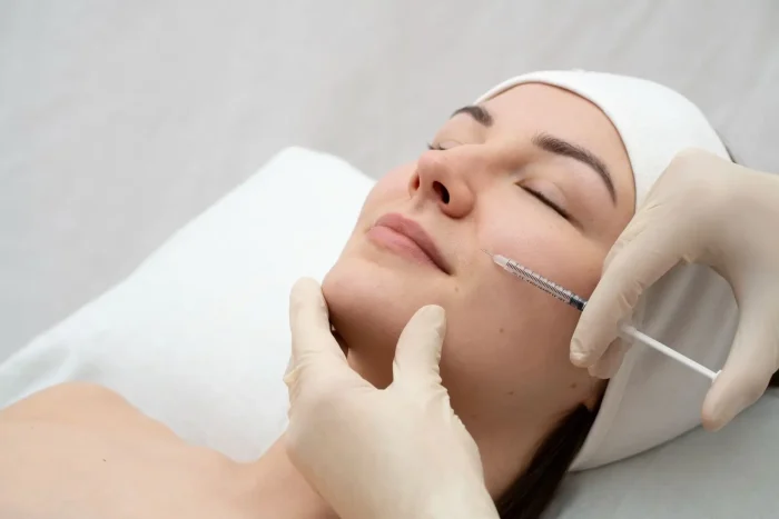 A person lies with eyes closed while a gloved professional gives an injection to their cheek. The person wears a white headband and appears relaxed in a clinical setting.