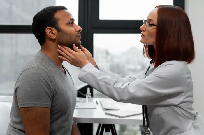 A doctor in a white coat examines a male patient’s neck with both hands in a medical office, checking for possible issues while the patient sits and looks forward.