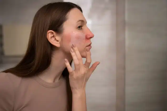 A woman with long brown hair applies cream to red, irritated skin on her cheek while looking in a mirror. She appears to be treating facial redness or irritation. The background is neutral and out of focus.