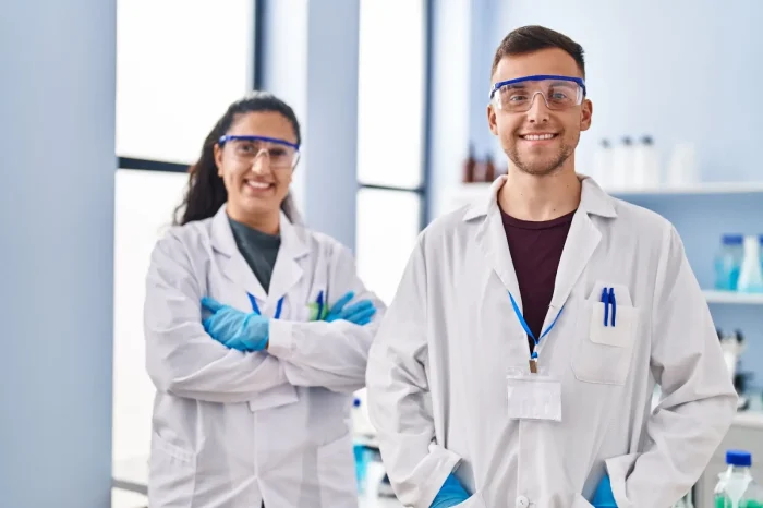 Two young scientists in lab coats and safety glasses stand in a laboratory. The man in front is smiling, and the woman behind him has her arms crossed and is also smiling. Laboratory equipment is visible in the background.
