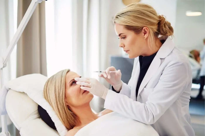 A woman reclines on a medical chair while a healthcare professional in a white coat and gloves prepares to give her a facial injection in a bright, modern clinic.