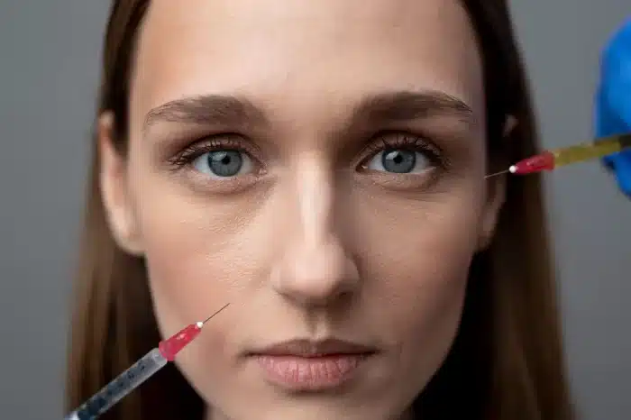 A woman with blue eyes looks directly at the camera as two syringes with red-tipped needles are held near her face, one on each side, suggesting a cosmetic procedure.