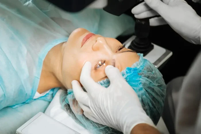 A person wearing a medical gown and hair cover lies on an exam table while a doctor in gloves prepares their eye for a procedure using specialized equipment.