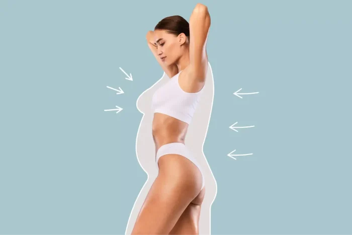 A woman in white underwear stands in profile against a blue background, with drawn arrows pointing inward and an outline of a larger body shape, illustrating weight loss or body transformation.