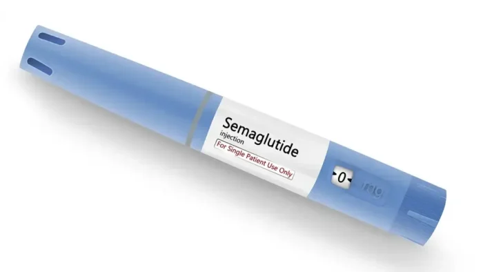 A blue injection pen labeled "Semaglutide injection For Single Patient Use Only" with a dosage window showing "0 mg.