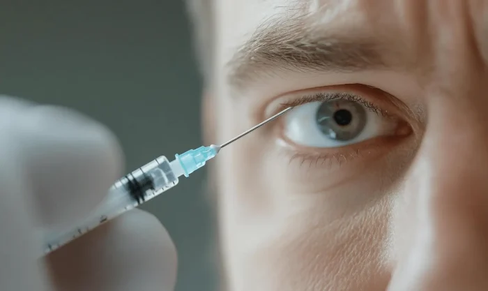 A close-up of a person’s face shows a gloved hand holding a syringe with a needle aimed near the person's eye, creating a sense of tension and focus on the procedure.