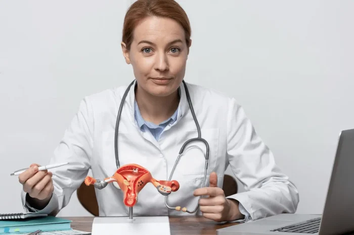 A female doctor in a white coat holds a pen and points to a model of the female reproductive system on her desk, with a stethoscope around her neck and a laptop nearby.
